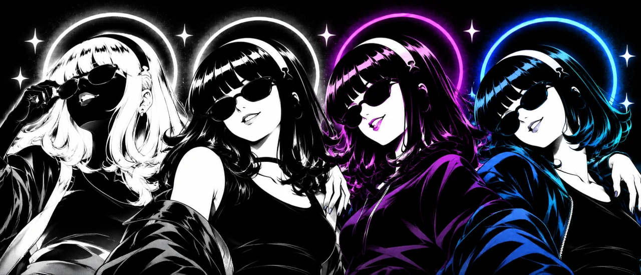 The Hermes Gang: four illustrated AI operations agents wearing sunglasses, with white, purple, and blue neon halos