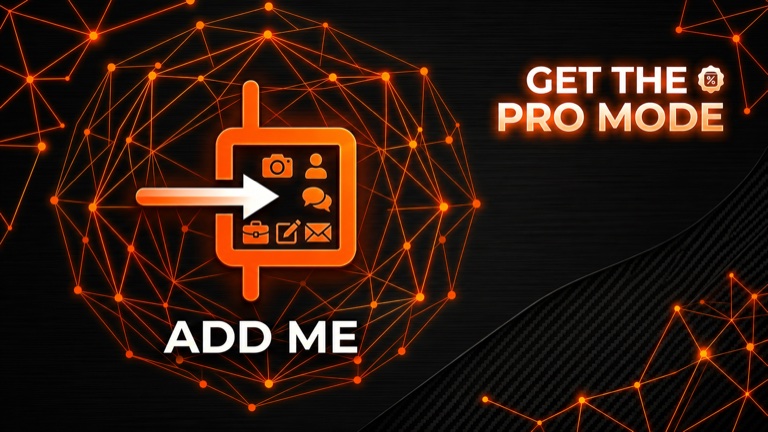 Add Me banner with illuminated profile, camera, chat, and message icons plus a Get the Pro Mode message