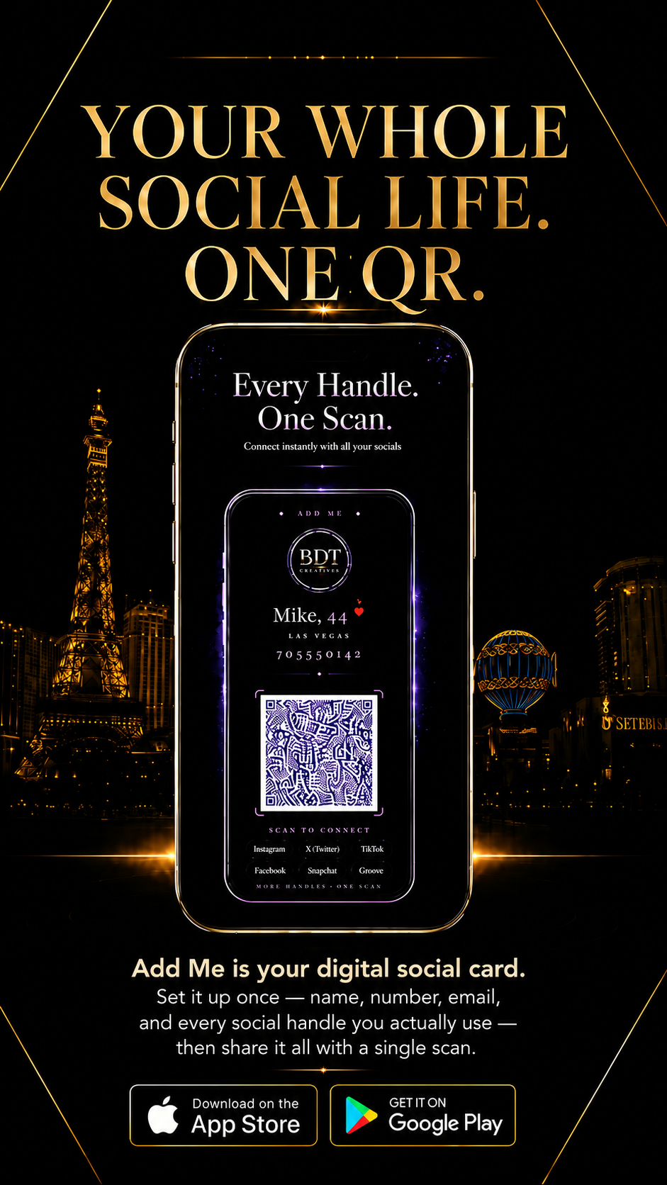 Add Me promotional flyer showing the app's digital social card and QR sharing experience.