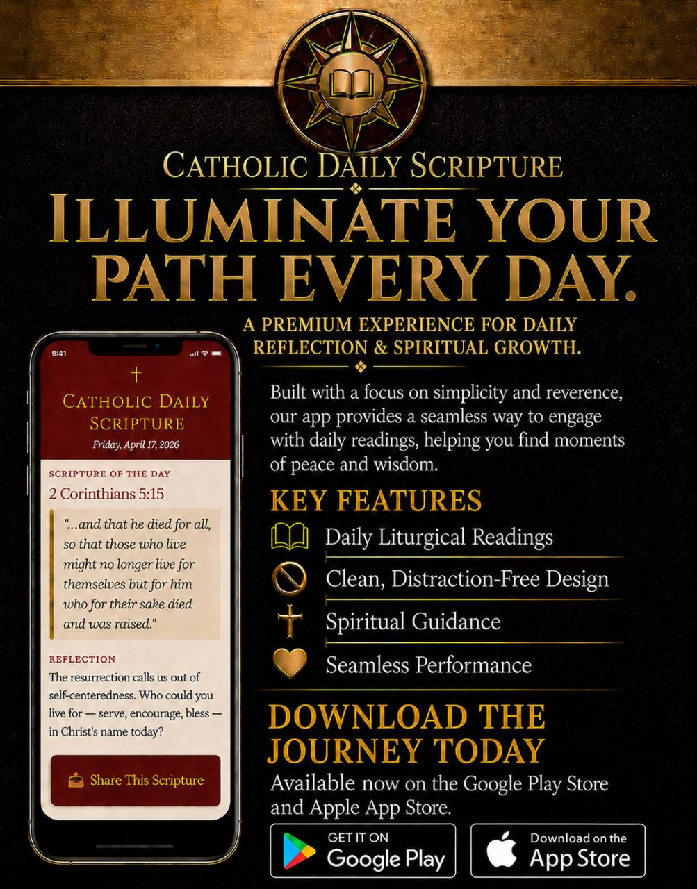 Catholic Daily Scripture promotional flyer showing the app interface, key features, and Google Play and App Store download options.