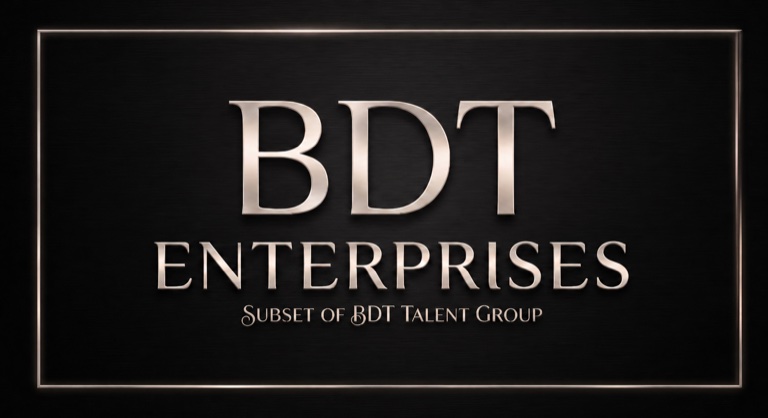 BDT Enterprises banner with metallic lettering on a dark background